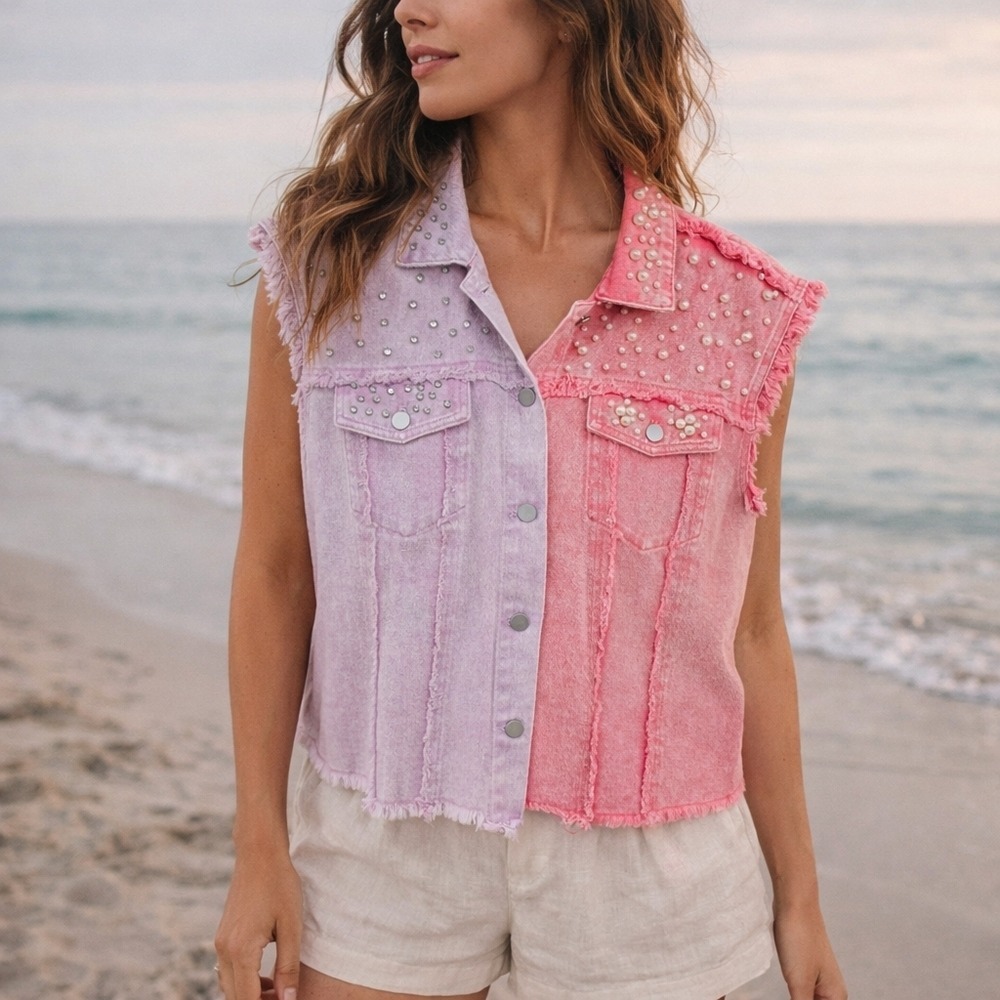 NWT BiBi Pearl & Rhinestone Decor Contrast Raw Hem Vest Coat Purple/Peach SZ L